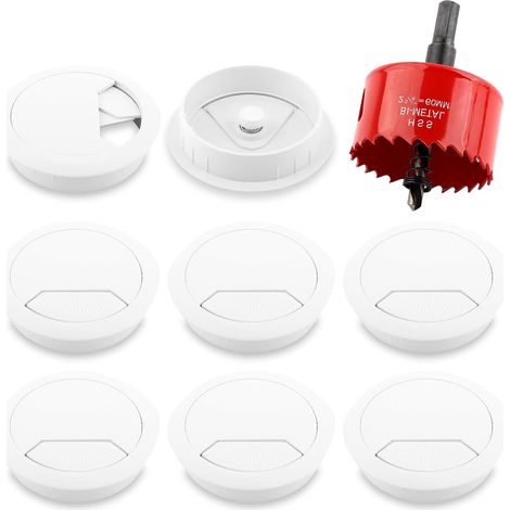 8 pièces Passe Cable Bureau avec Scie Cloche 60mm œillets de Bureau Cache-câble pour Câble Rond Couvercle Passe Câble pour La Maison Et Le Bureau Rangements De Câbles(blanc) (1/5)