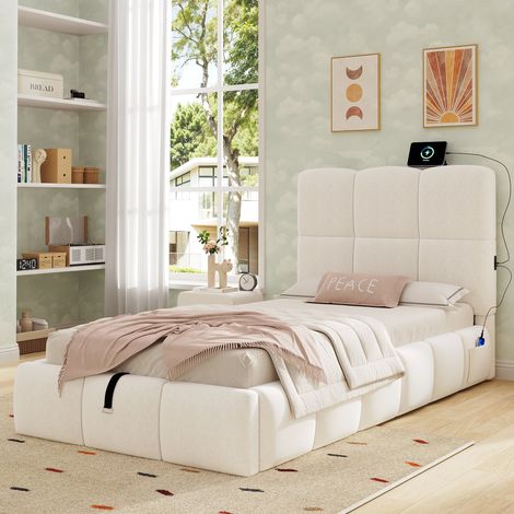 Lit coffre 90x200 cm, lit simple enfant avec rangement hydraulique, USB et USB-C, sommier à lattes, cadre rembourré, velours beige (1/5)