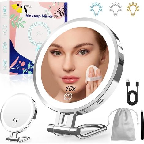 Miroir Grossissant Lumineux, Miroir Maquillage Lumineux, 3 Couleurs de Lumière, et Luminosité Réglable de 20% à 100%, Boîtier en Métal du Miroir de Voyage 3000mAh - Couleur Métallique (1/5)