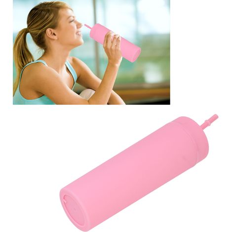 Undurchsichtige Plastikwasserflasche mit Deckel und Strohhalm, doppelwandiger, zylinderförmiger rosa Becher, ideal als Geschenk für die Neujahrsfeiertage. (1/5)