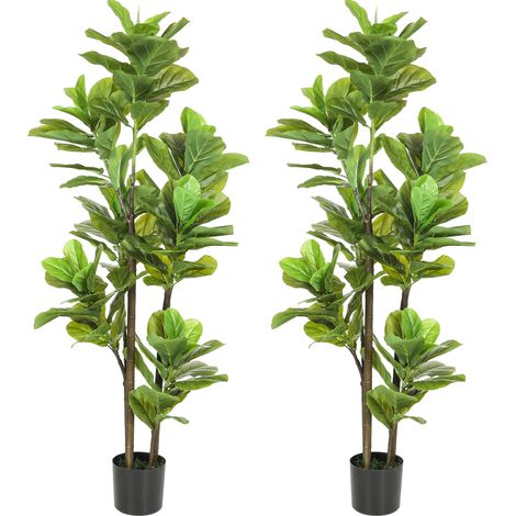 Lot de 2 plantes artificielles intérieures 150 cm, fausse plante à figuier lyre avec pot en ciment, vert