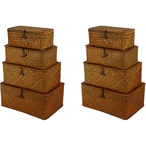 Aufbewahrungskörbe aus Seegras mit Deckel, geflochtene rechteckige Körbe, Aufbewahrungsorganizer aus Weide für Regale, 8er-Set, Farbe: Holzstamm (1/5)
