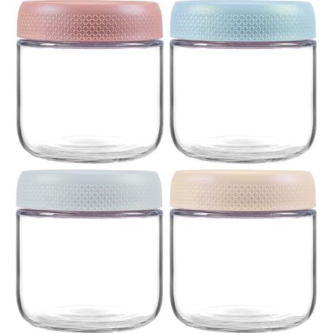 Tarros de cristal de 350 ml/12 oz con tapa, juego de 4 tarros pequeños y bonitos, recipientes de cristal apilables para avena nocturna, muesli, yogur y ensalada. (1/5)