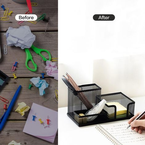 Organiseur de bureau antidérapant, porte-stylo élégant en maille, convient à la maison, au bureau et à l'école, avec pince à mémo, organiseur de bureau multifonctionnel, noir.