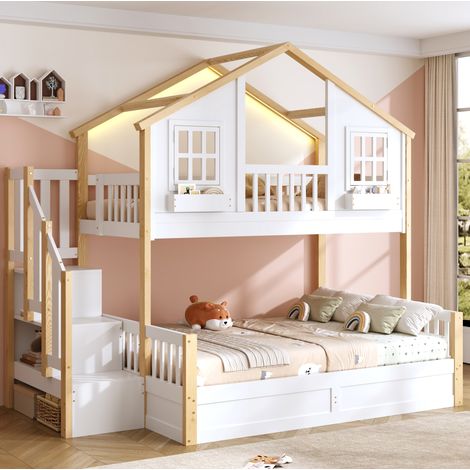 DESVIAE Lit superposé cabane en pin avec rangement escalier LED et lit bas hydraulique 90 x 200 et 140 x 200 blanc et naturel (1/5)
