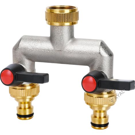 Double Washing Machine Faucet, Brass Fitting 3/4 Inch for Water Distribution, with 3/4 Inch Adapter, 2-Way Y-Distributor Distributor Tap, to Adjust and Stop Water Flow (1/5)