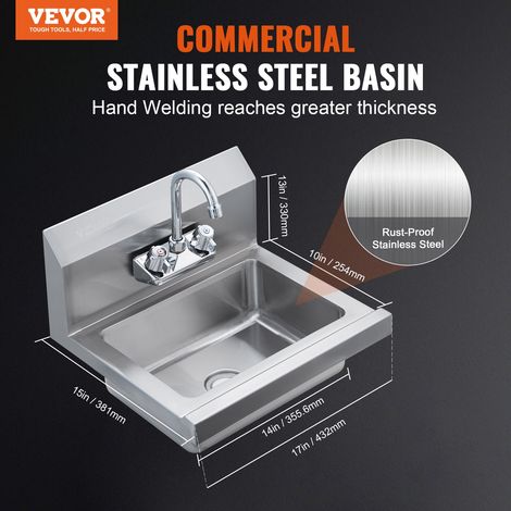 Lave-Mains avec Robinet et Dosseret Lavabo Mural ou Encastré 432 x 381 x 330 mm Évier en Acier Inoxydable sans Fuite Vasque à Encas… (1/5)