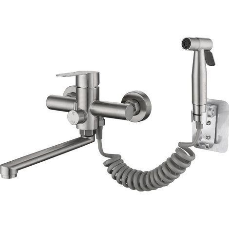 Grifo mezclador de cocina mural para fregadero con pistola rociadora y 2 tipos de chorro de agua, caño giratorio de 360° en acero inoxidable cepillado. (1/5)
