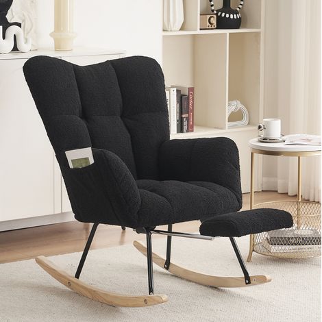 Fauteuil à bascule 80x98x98,5 cm noir avec repose-pieds pliable, tissu peluche MEUBLIV (1/5)