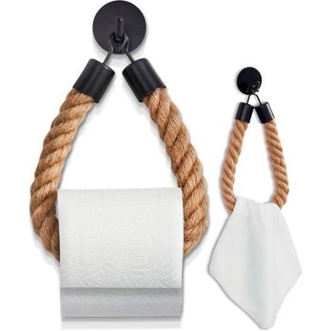 Porte Papier Toilette Mural Adhesif, Support Papier Toilette Mural sans Percage, Porte Rouleau Papier Toilette Industriel Deco Corde, Porte Papier Toilette Noir Derouleur Papier Toilette Murale (1/5)