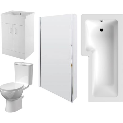 1700mm Bathroom Suite - L Shape Shower Bath, Front Panel, Shower Bath Screen, Vanity Basin Unit and Toilet with Seat - Gloss White