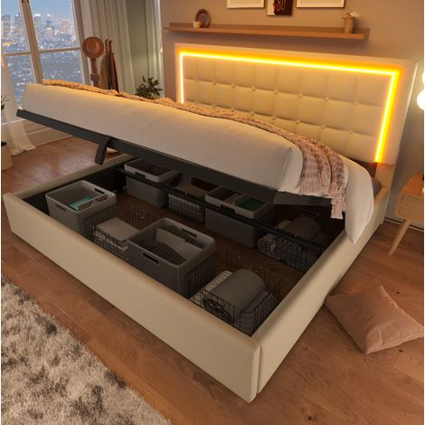 Cama doble con almacenamiento LED y colchón blanca OKMYHOME (1/5)