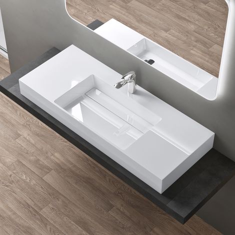doporro® lavabo de diseño 120x48x13cm desagüe oculto Colossum12 en blanco de mármol fundido apto como lavabo de sobre encimera y lavabo suspendido (1/5)