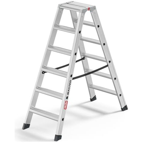Hailo Master D100 - Escalera de doble peldaño (aluminio, transitable por ambos lados, peldaños antideslizantes, gran superficie de apoyo, 2 x 6 peldaños, certificado EN 131, soporta hasta 150 kg)