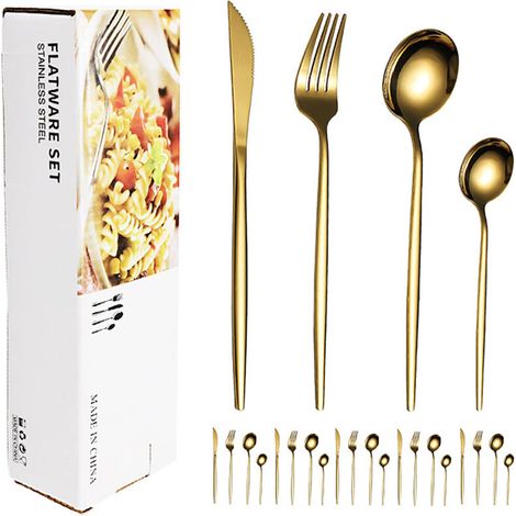 Ensemble de 6 couverts en acier inoxydable doré - Couteau à steak, fourchette et cuillère élégants pour restaurant hôtelier (1/5)