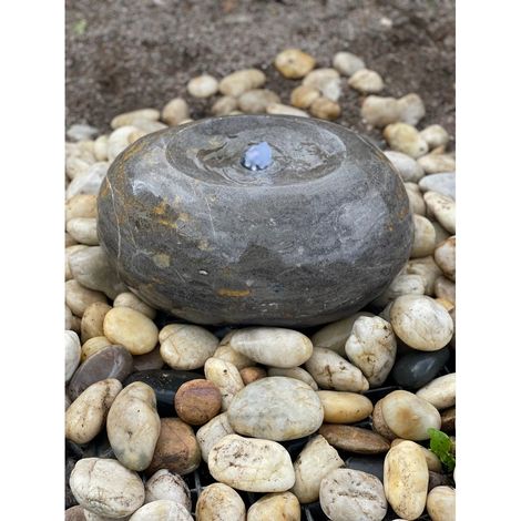 Polished Black Limestone Fountain - Natural Stone Garden Water Feature - 30-40cm Dia x 20cm H