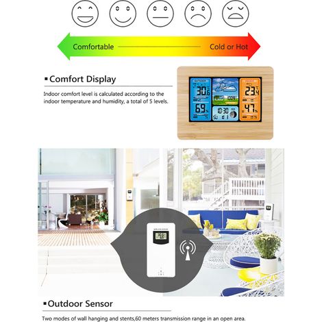 Station météo numérique multifonction avec écran LCD, alarme, baromètre, thermomètre et hygromètre, pour l'intérieur et l'extérieur, avec capteur extérieur sans fil et câble d'alimentation USB. (1/5)