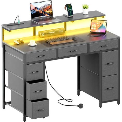 EcoFurnix, Desk with 8 Fabric Drawers, 120 × 50 cm LED Gaming Desk with Outlets & USB Ports, Gamer Desk, Gray (1/5)