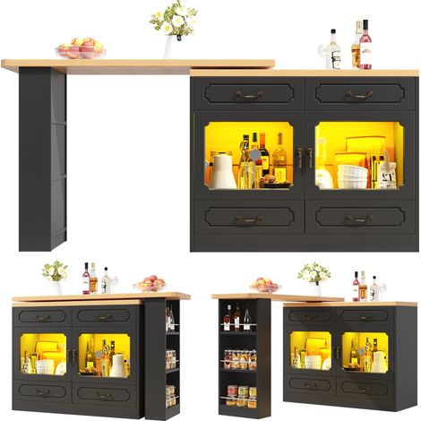 Table de bar extensible 135-203x39x92.8 cm - avec pivotement à 360° et LED - Noir (1/5)