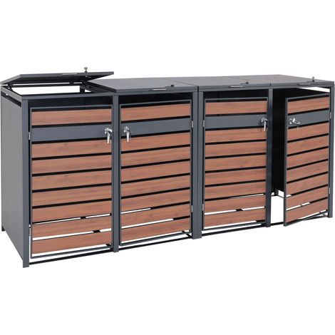 Set 4x copribidoni box spazzatura rifiuti HHG-352 80x264x117cm acciaio inox antracite ciliegio