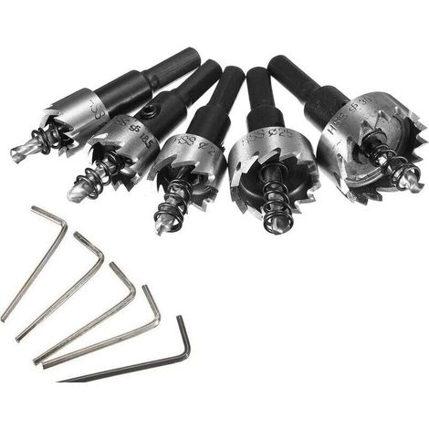 Jeu de 5 scies cloches 16/18,5/20/25/30 mm en acier inoxydable HSS haute vitesse, avec ressort en alliage métallique argenté. (1/5)