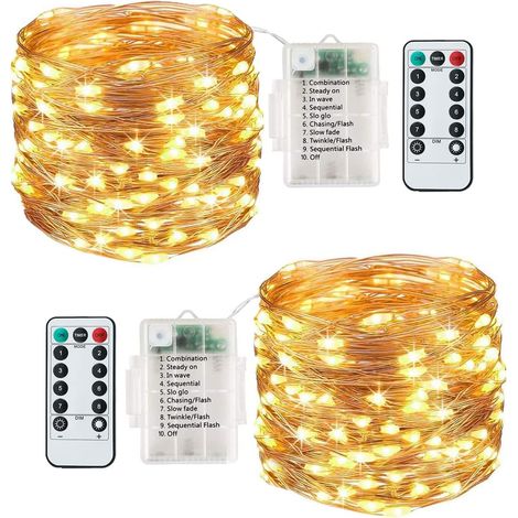 [2er-Pack] 100 LED-Lichterkette, 10 m, 8 Modi, batteriebetrieben, Kupferdraht, wasserdicht, für den Innen- und Außenbereich, mit Fernbedienung und Timer für Schlafzimmer, Hochzeit, Weihnachten (Warmwe