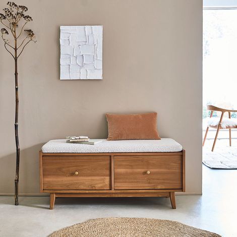 Berah Getah – Banc d'entrée en teck massif 120 cm – Tissu bouclette confortable – 2 tiroirs – Style contemporain et pratique