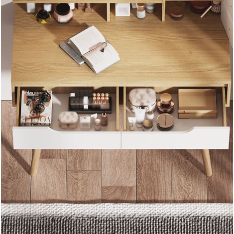 Coiffeuse avec miroir LED, tabouret rembourré, grand plan de travail et rangement, bois, 80x40x135 cm (1/5)