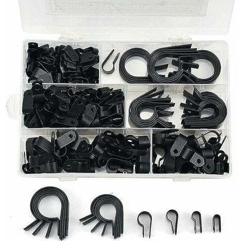 200 pieces nylon cable ties, P-clips, nylon plastic pipe fastening clamps, fasteners for wires, cables, wires and conduits Ø 5.3/6.4/10.4/13.2/19/23 mm (black). MUMU (1/4)