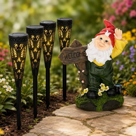 Conjunto de decoración para jardín de bienvenida (2 piezas): enano de bienvenida resistente a las heladas y lámpara solar con antorcha (1/5)