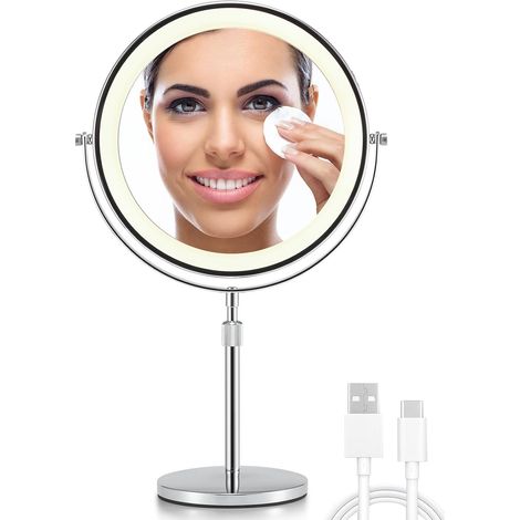 Miroir de Maquillage Grossissant 3X/10X avec Lumières, Miroir de Coiffeuse Rotation Libre Double Face 21 cm avec Support Réglable en Hauteur (Argenté) (1/5)