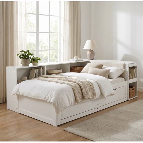 Letto estensibile con scrivania, rete a doghe e 2 cassetti 90x200-180x200 cm in legno ingegnerizzato bianco opaco