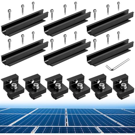 Kit de Fixation en Aluminium pour Panneaux Solaires Photovoltaïques  6 Rails Courts de 200mm, 6 Pinces d'Extrémité en Z, pour 30/35mm Solaires Panneaux Montés sur le Toit Plat, Noir (1/5)