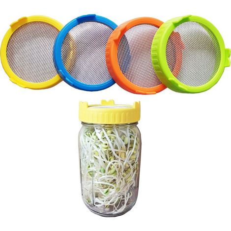 4 couvercles germoirs en plastique avec maille en acier inoxydable pour bocaux à large ouverture de 86 mm. Comprend un support pour couvercle-passoire. (1/5)