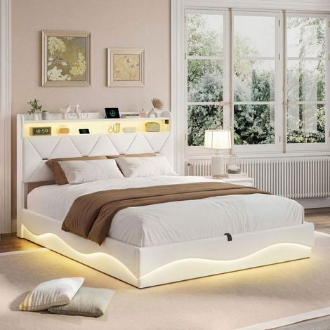 Letto contenitore 160x200 cm - Tessuto velluto beige - Illuminazione LED e USB - Rete a doghe - Letto matrimoniale - Stile moderno (1/5)