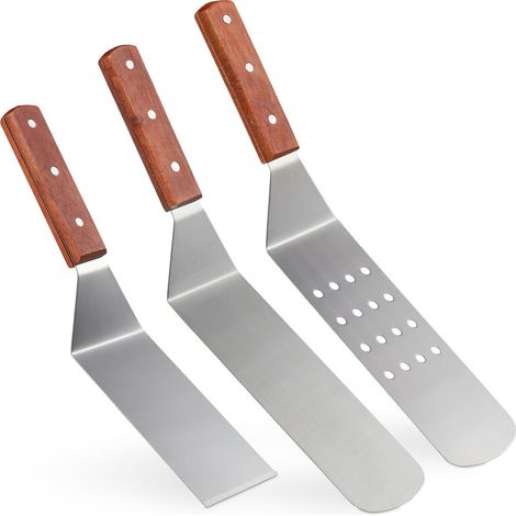 [NIEMALS VERWENDET] Spatule barbecue, set de 3, grill, hamburgers, cuisine, acier inoxydable, manche en bois, brun rouge