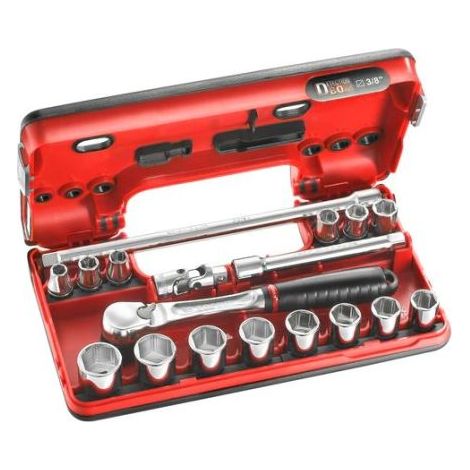 Facom – Coffret cliquet et douilles 3/8" – 17 pièces – Cliquet étanche à la poussière – Angle de rotation 5° – Clés à pipe 8-22 mm (1/5)