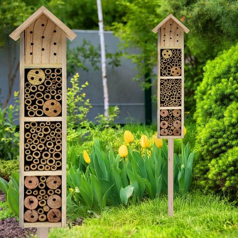 Holz Insektenhotel mit Erdspieß - H 78 cm - Insektenhaus zum Aufstellen