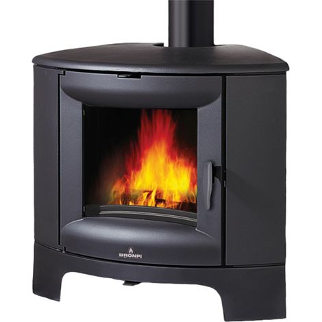 Bronpi – Poêle à bois d'angle en fonte BREMEN 12 kW – Puissance 12 kW – Triple combustion – Sortie des fumées supérieure – Pour bûches jusqu'à 46 cm (1/5)