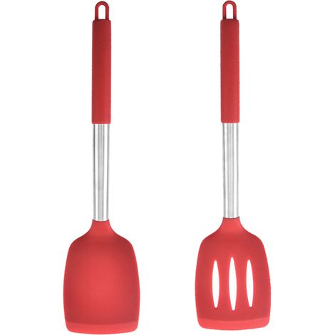 Cuchara Y Espátula De Cocina - Cabezas De Silicona Segura Para Alimentos - Mangos De Acero Inoxidable - Rojo - 2 Unidades (1/5)