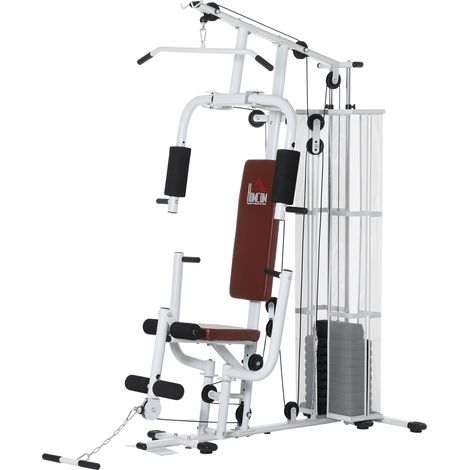 Station de fitness multifonctionnelle avec poulie haute, barre papillon, haltères de 45 kg et corde équipement de fitness à domicile, blanc (1/5)