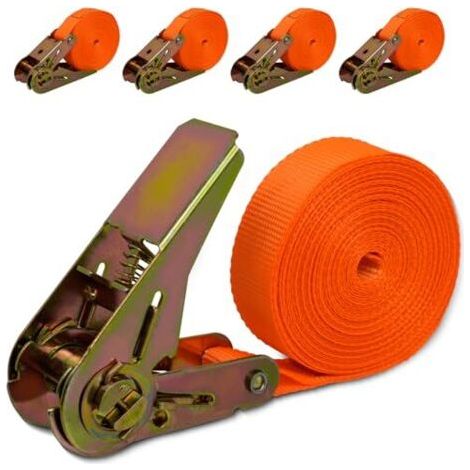 Lot de 4 Sangles à Cliquet 6m x 25mm, Sangle de Transport Orange avec Crochet, Capacité de Charge 1000kg - Sangles à Cliquet pour Vélo, Moto, Remorque, Déménagement et Plus (1/5)