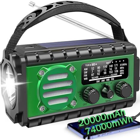 Filiyano – chargeur mobile et alarme – Radio météo portable d'urgence 20 000 MAH avec cellule solaire, manivelle, batterie, chargeur mobile et alarme (1/5)