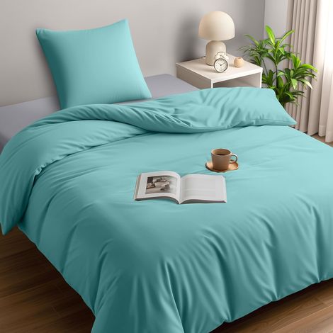 Housse de Couette 1 Personne 135x200 cm avec 1 Taie d'oreiller 80x80 cm (Bleu Spa) - Parure de lit 1 Personne 135 x 200 cm - Ensembles de Housses en Microfibre brossée Douce (1/5)