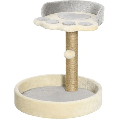Katzenbaum, Kratzbaum, grauer Pfotenabdruck, 2 Plattformen, hängender Pompon, 44 cm