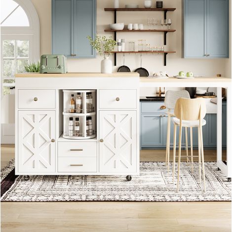 Isola da cucina estensibile 180x40x91 cm in MDF bianco, con contenitore per cucina FloraGrace (1/5)