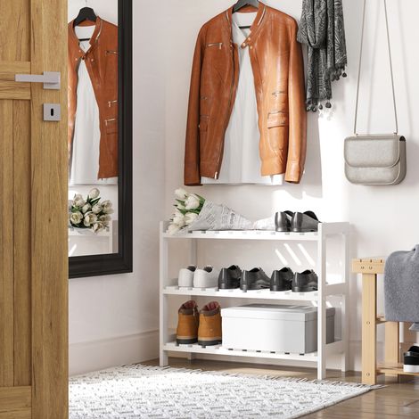 Étagère à chaussures en bois à 3 niveaux, rangement pour 9 paires de chaussures dans l'entrée, 70 x 26 x 57,5 cm, blanc