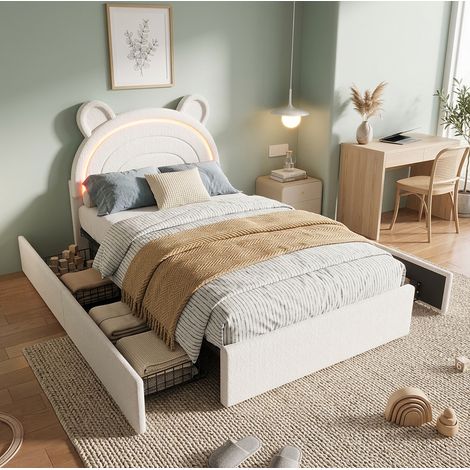 MODFU – Lit enfant 90x200 cm velours – LED par app et 4 tiroirs – Tête de lit ours et 220 kg – Chambre – Beige (1/5)