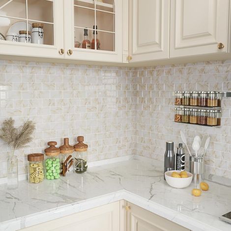 Credence Adhesive pour Cuisine Beige Carrelages Autocollant Carrelage Adhesif Mural Salle de Bain Imperméable Credence Adhesive Décoration Cuisine Stickers Escalier 30.5cm x 30.5cm 4 Pièce (1/5)
