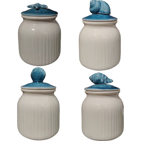 Poker barattoli bianco in ceramica con decori marini set 4 contenitori porta sale zucchero caffè spezie per casa cucina (1/5)